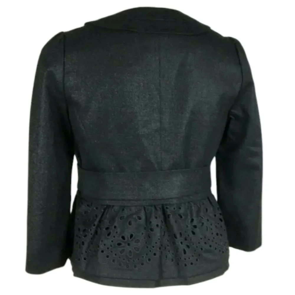 REBECCA TAYLOR Wool Crop Blazer Eyelet Peplum Detail Puff Shoulder Grey Gray XS - Picture 3 of 11